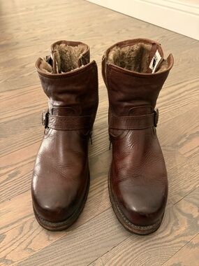 Frye Brown Leather Shearling-Lined Zip Buckle Ankle Boots